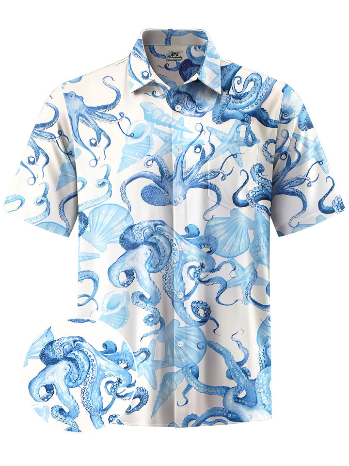 Alohadaddy® Hawaiian Octopus Art Print Chest Pocket Mens Short Sleeve Shirt Big &amp; Tall