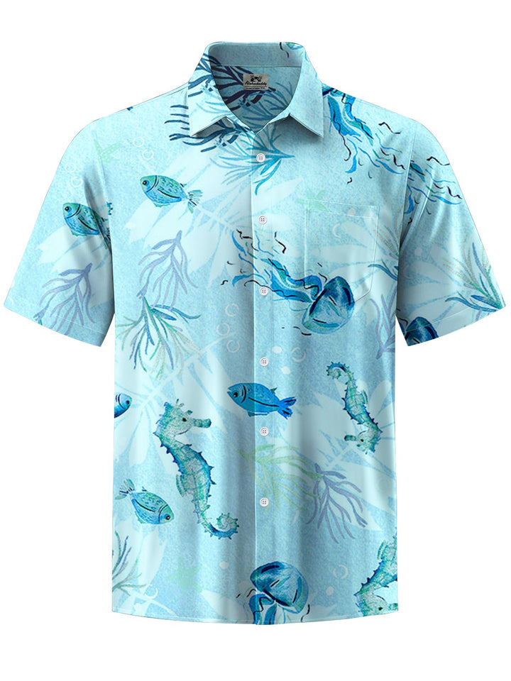 Alohadaddy® Hawaiian Ocean Seahorse Print Chest Pocket Men&