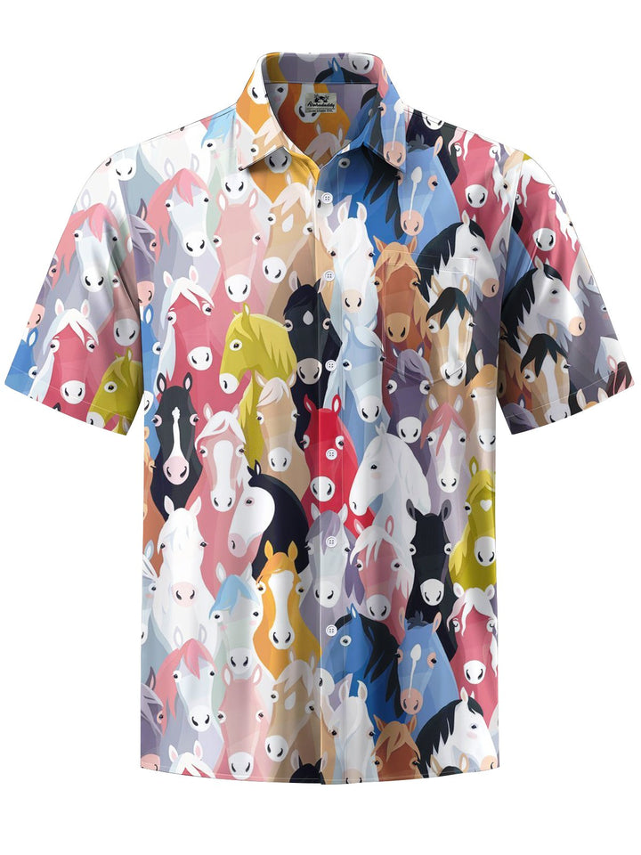 Alohadaddy® Hawaiian Cartoon Horse Print with Chest Pocket for Men&