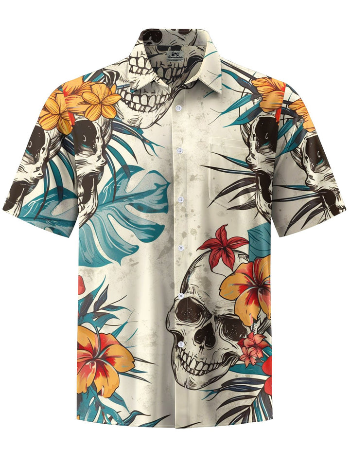 Alohadaddy® Casual Skull Holiday Art Print Chest Pocket Stretch Men&