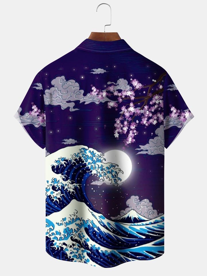 Alohadaddy® Vintage Ukiyo-e Wave Cherry Blossom Print Pocket Stretch Men&