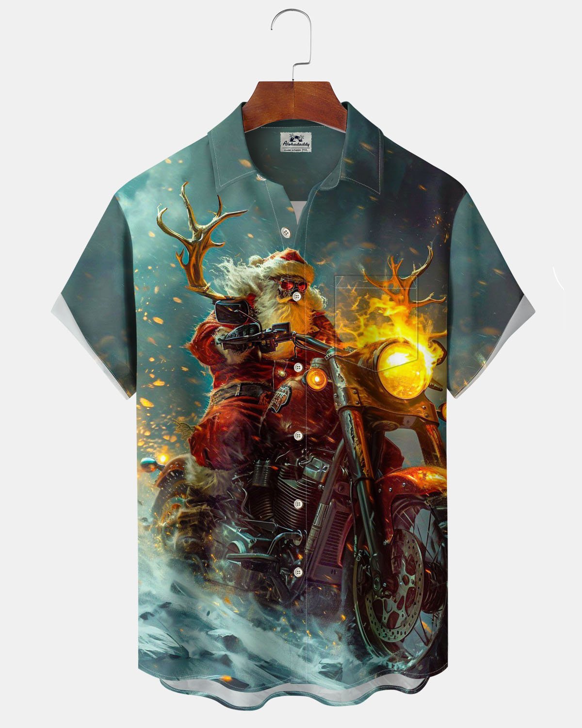 Alohadaddy® Christmas Scary Santa Motorcycle Art Print Stretch Button Pocket Men's Short Sleeve Shirt Big & Tall