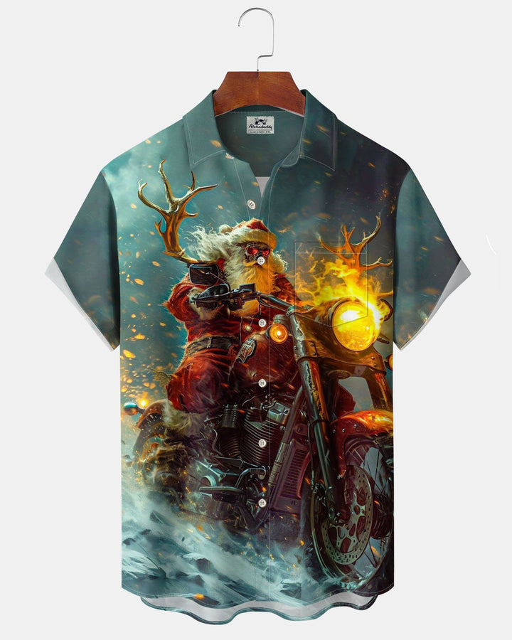 Alohadaddy® Christmas Scary Santa Motorcycle Art Print Stretch Button Pocket Men&