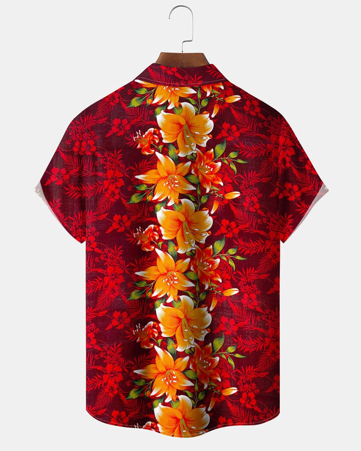 Alohadaddy® Hawaiian Floral Beach Vacation Print Art Pocket Button Stretch Men&