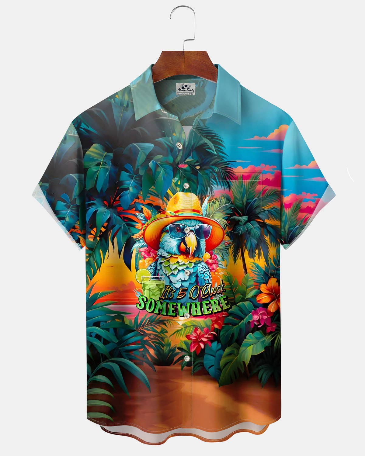Alohadaddy® Hawaiian Parrot Vacation Print Art Pocket Stretch Men's Short Sleeve Shirt Big & Tall