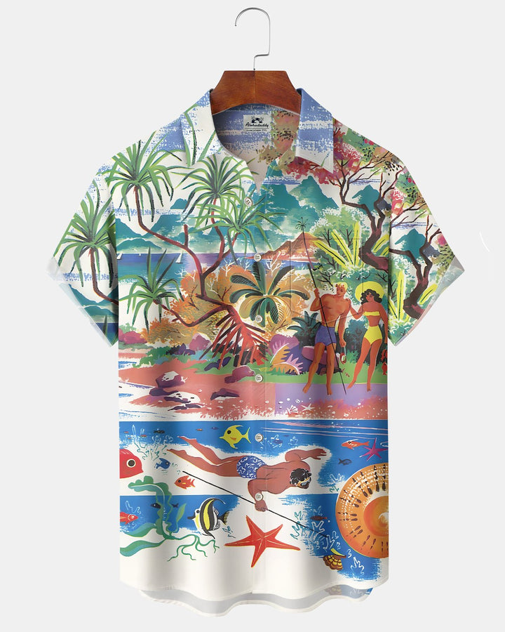 Alohadaddy® Hawaiian Beach Resort Print Art Button Pocket Cardigan Men&