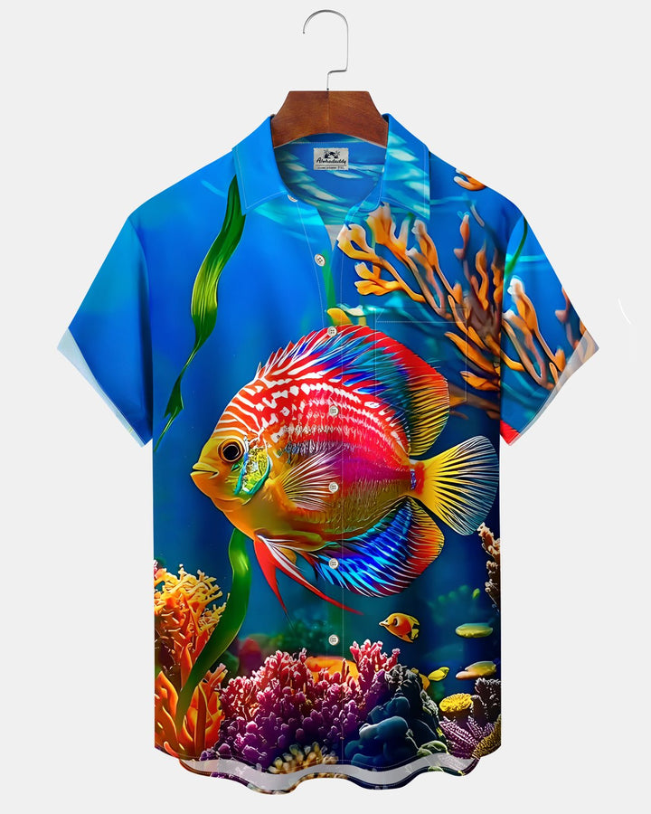 Alohadaddy® Hawaiian Fish Print Art Button Pocket Cardigan Men&