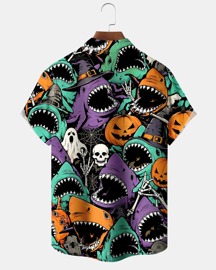 Alohadaddy® Holiday/Halloween Shark Print Button-Down Short-Sleeve Shirt with Pocket for Men