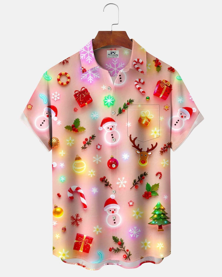 Alohadaddy® Holiday/Christmas Print Button-Down Short-Sleeve Shirt with Pocket for Men