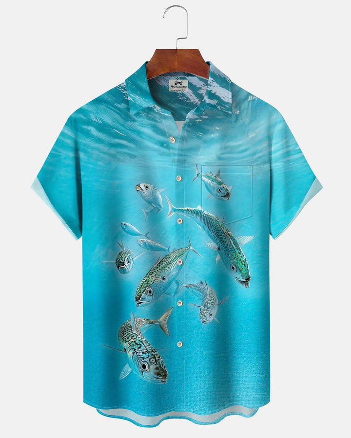 Alohadaddy® Men’s Short-Sleeve Button-Down Shirt with Hawaiian Fish Print and Pocket