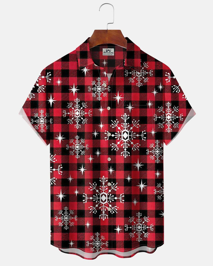 Alohadaddy® Holiday/Christmas Men’s Short-Sleeve Button-Down Shirt  Red Plaid with Snowflake Print, Featuring Pockets