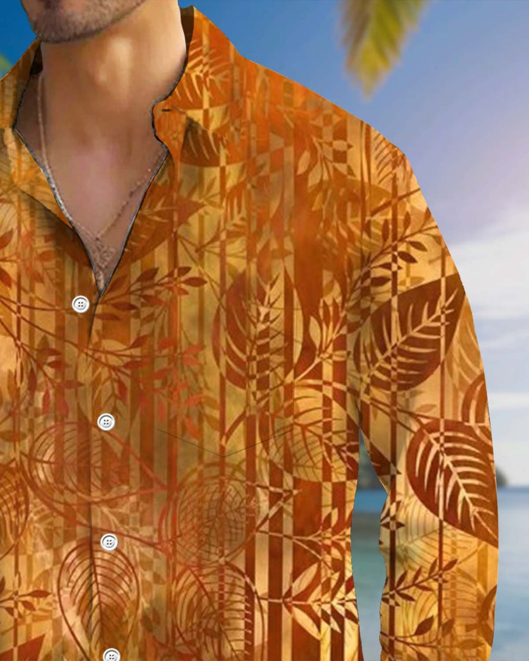 Alohadaddy® Men’s Long-Sleeve Button-Down Shirt  Vintage Style with Leaf Print and Pocket