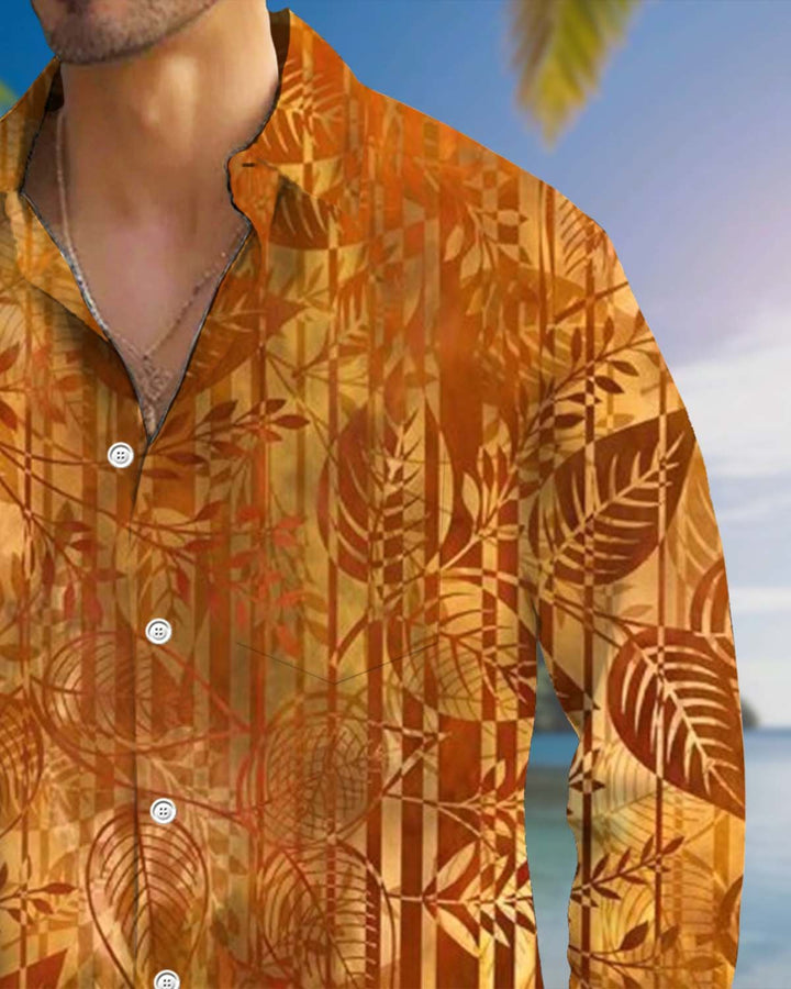Alohadaddy® Men’s Long-Sleeve Button-Down Shirt  Vintage Style with Leaf Print and Pocket