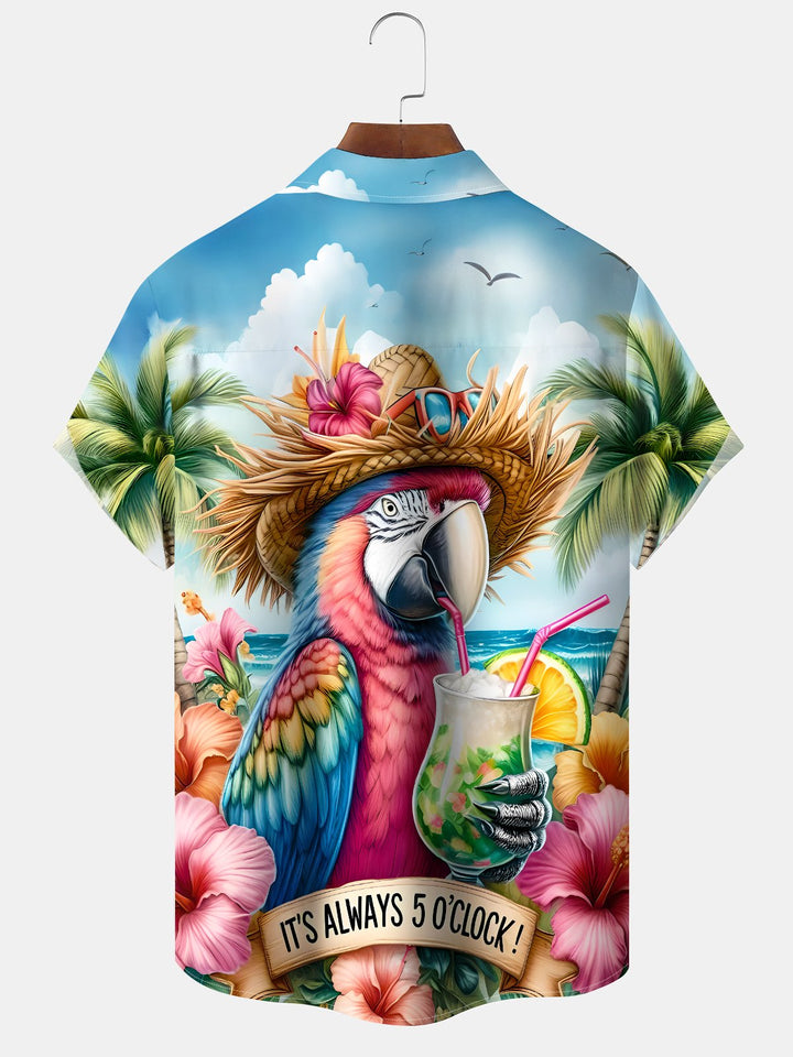 Alohadaddy Vacation Hawaii Parrot Print Art Pocket Button Elastic Oversized Shirt