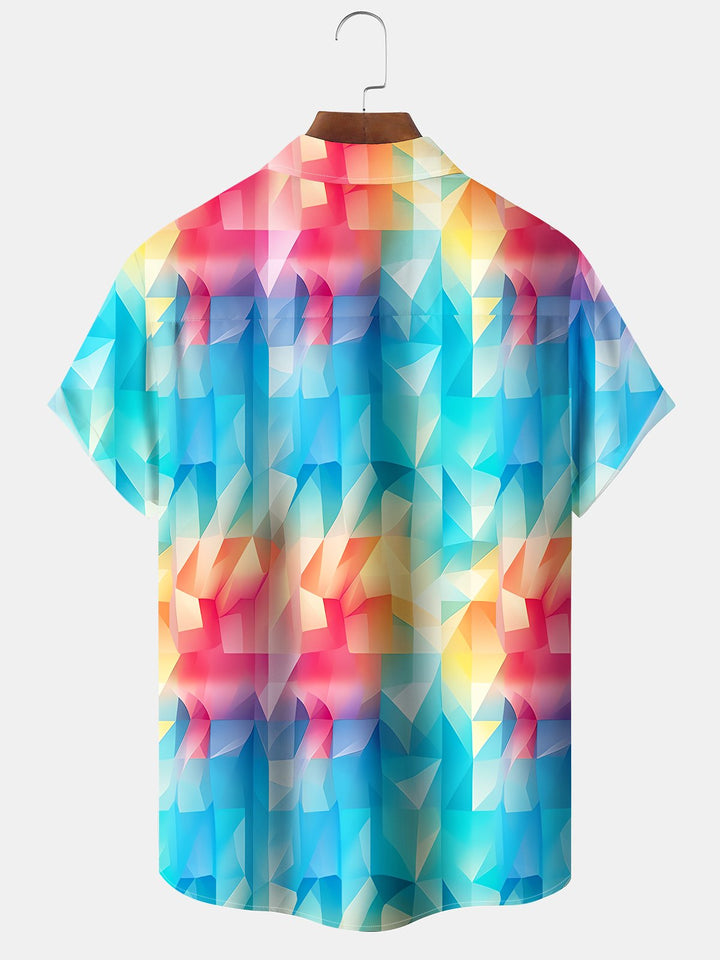 Alohadaddy Hawaiian Geometric Gradient Print Art Pockets Buttons Stretch Oversized Shirt