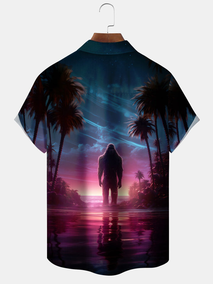 Alohadaddy Hawaii Bigfoot Palm Tree Button Cardigan Pocket Stretch Large Size Short Sleeve Shirt