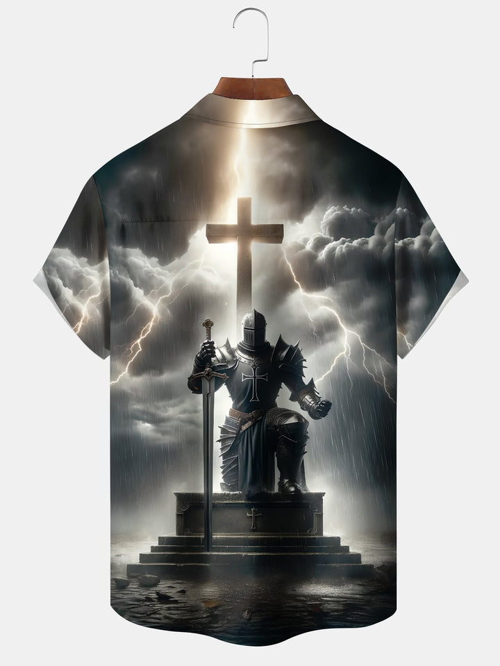 Alohadaddy Holiday Collection Easter Cross Print Art Button Cardigan Pocket Stretch Oversized Short Sleeve Shirt