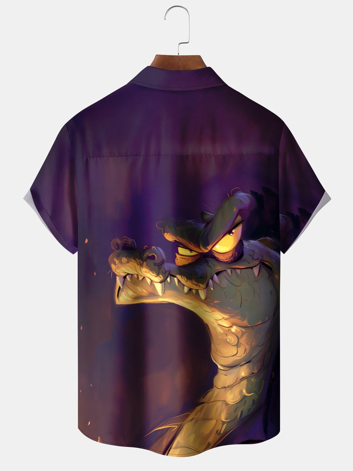Alohadaddy Casual Crocodile Oil Painting Print Art Button Cardigan Pocket Stretch Large Size Polyester Short Sleeve Shirt