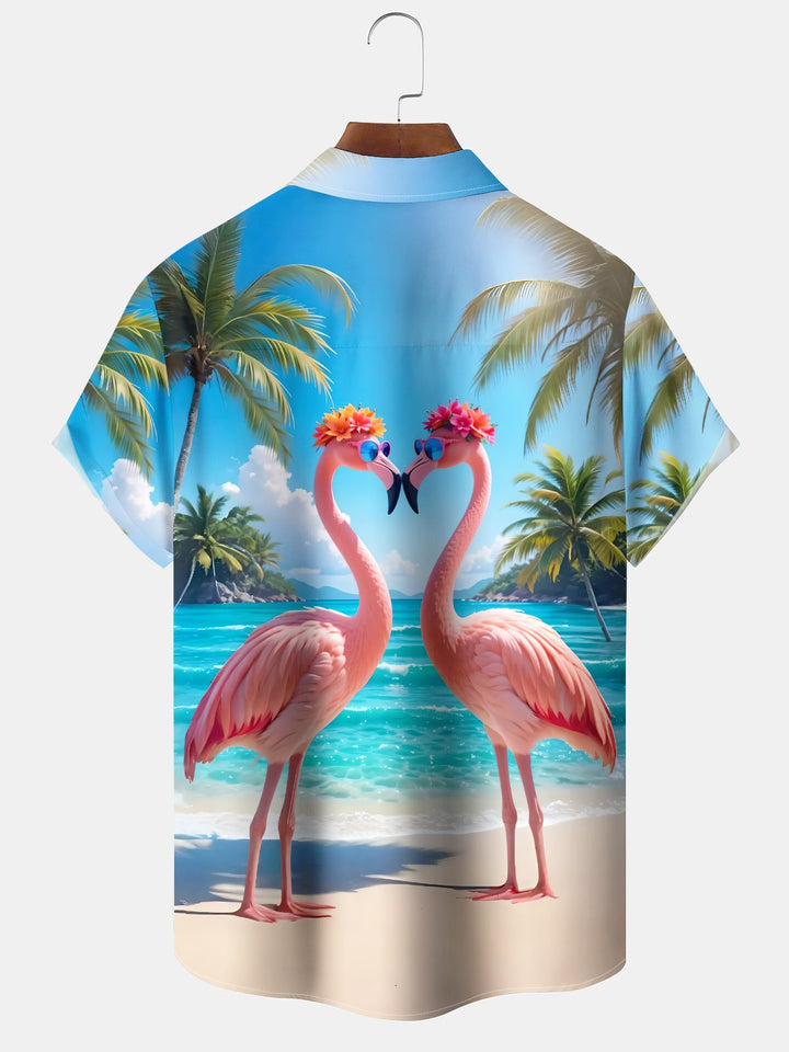 Alohadaddy Holiday Collection Hawaiian Flamingo Print Art Button Cardigan Pockets Large Size Long Short Sleeve Polyester Shirt