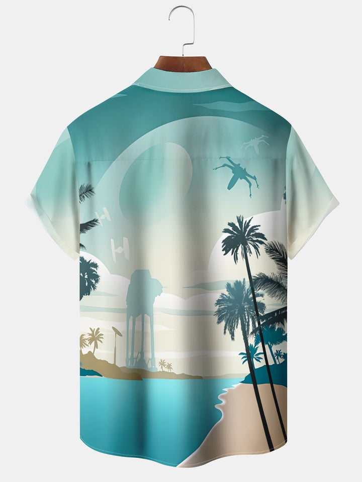 Alohadaddy Hawaii Casual Palm Trees Star Wars Art Drawing Buttons Cardigan Pockets Large Size Long Polyester Short Sleeve Shirt