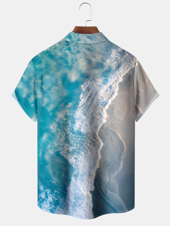 Alohadaddy Hawaiian Wave Gradient Painting Art Button Cardigan Pocket Stretch Large Size Long Short Sleeve Shirt