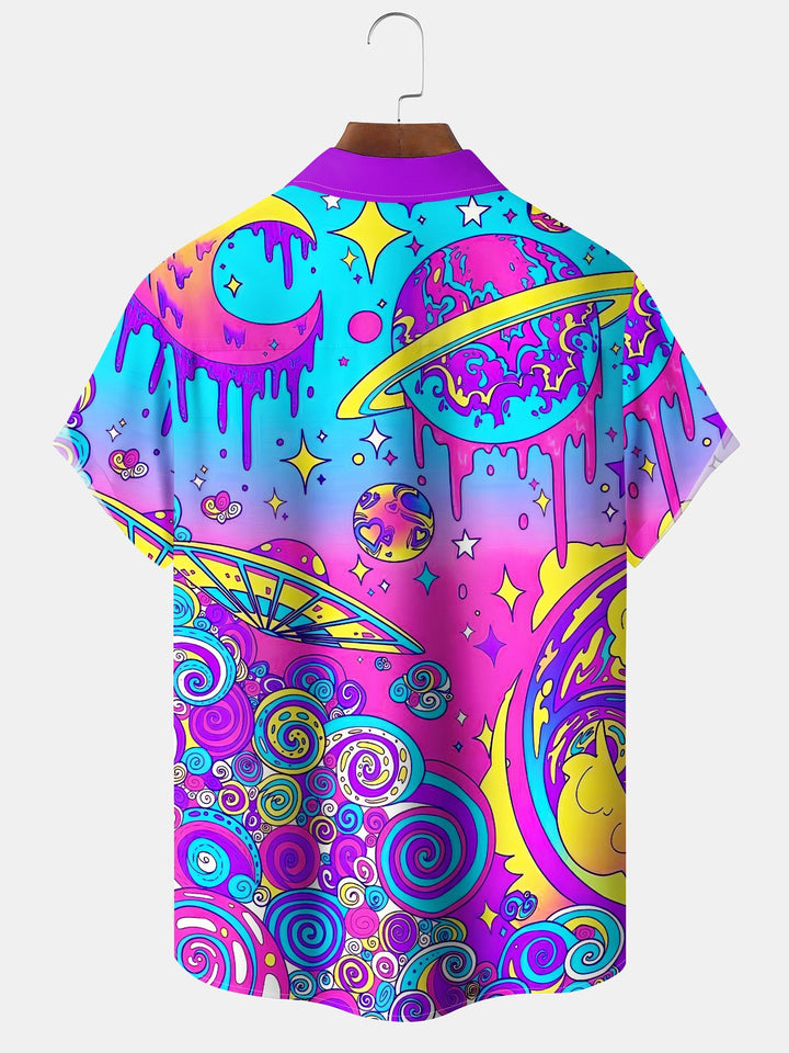 Alohadaddy Casual Collection Everyday Hawaii Graffiti Aerospace Print Art Button Cardigan Pocket Polyester Stretch Short Sleeve Shirt