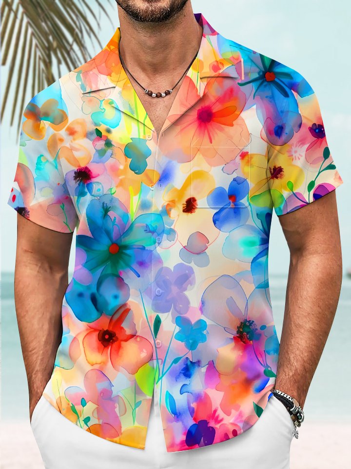 Alohadaddy® Casual Floral Abstract Smudge Print Art Chest Pocket Elastic Oversized Hawaiian Cuban Collar Shirt