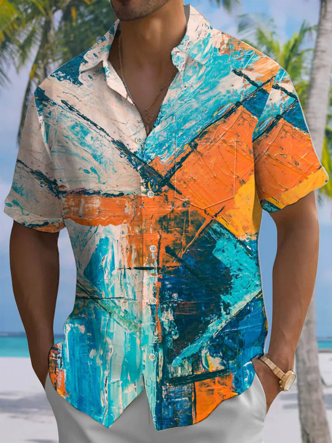 Alohadaddy® Vintage Geometric Paint Print Chest Pocket Men&