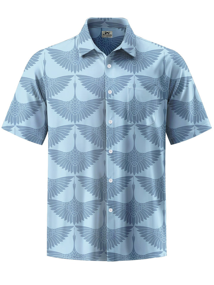 Alohadaddy® Casual Crane Art Print Chest Pocket Moisture Wicking Men&