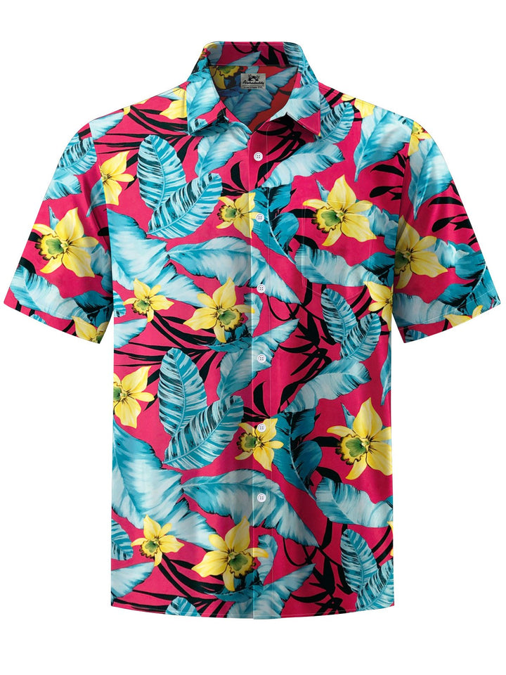 Alohadaddy® Hawaiian Flowers Art Print Chest Pocket Mens Short Sleeve Shirt Big &amp; Tall