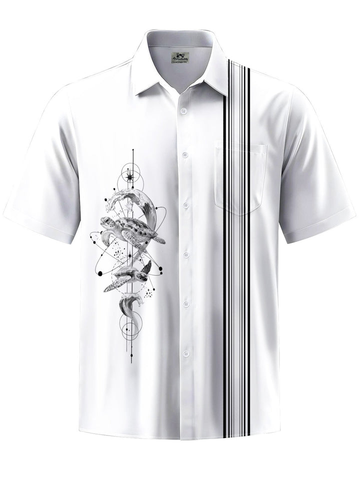 Alohadaddy® Casual Stripes Turtle Art Print Chest Pocket Mens Short Sleeve Shirt Big &amp; Tall