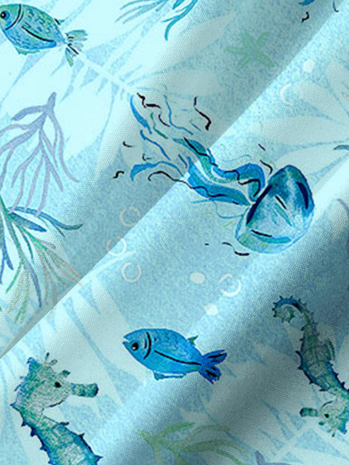 Alohadaddy® Hawaiian Ocean Seahorse Print Chest Pocket Men&