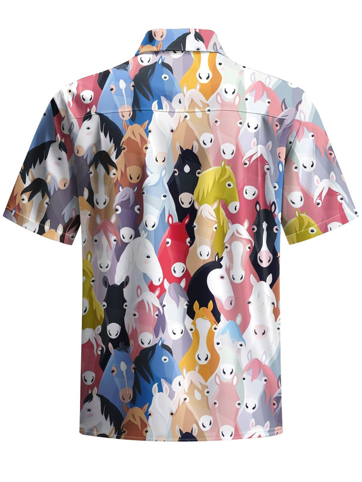 Alohadaddy® Hawaiian Cartoon Horse Print with Chest Pocket for Men&