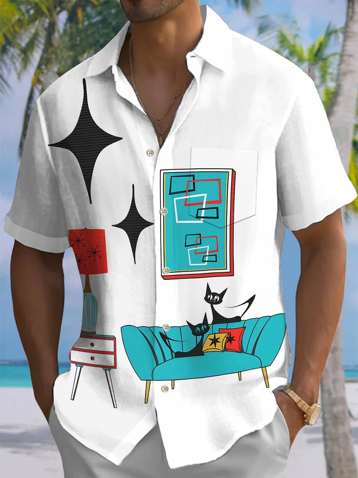 Alohadaddy® Retro Atomic Geometric Cat Print Pocket Elastic Button Men&
