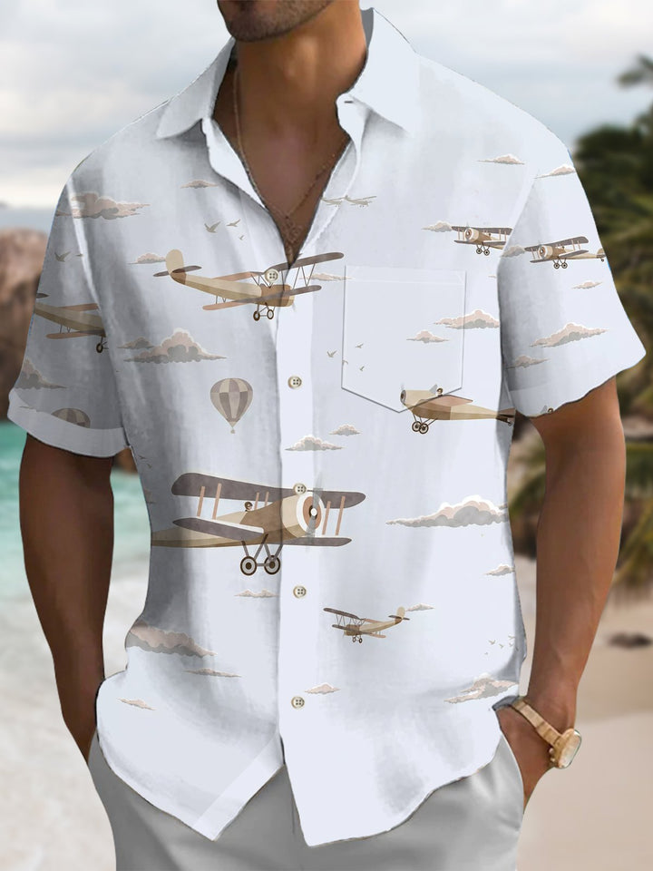 Alohadaddy® Casual Biplane Print Pocket Elastic Button Men&