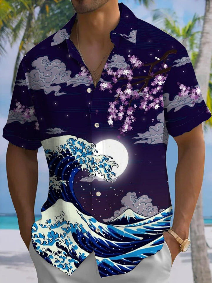Alohadaddy® Vintage Ukiyo-e Wave Cherry Blossom Print Pocket Stretch Men&