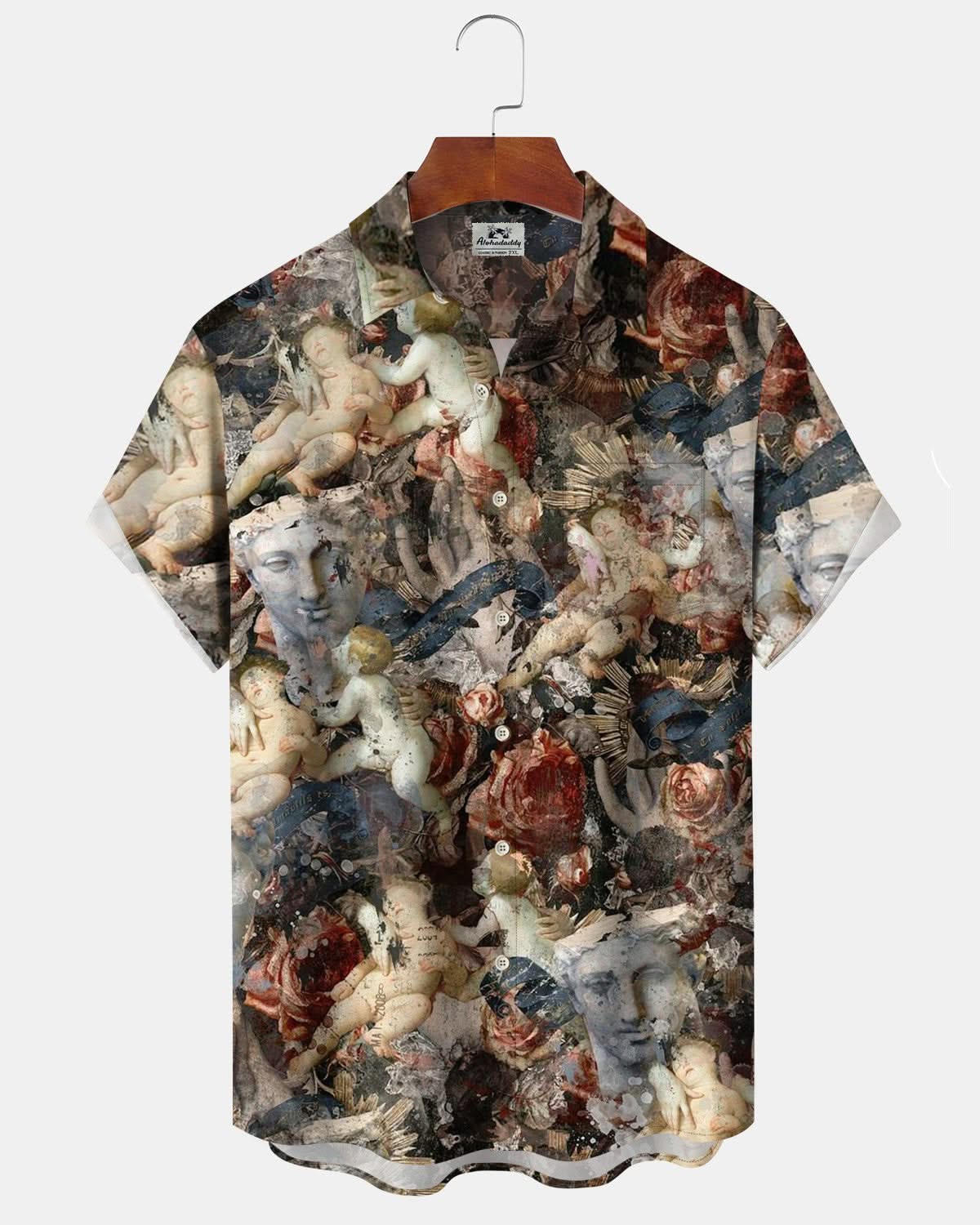 Alohadaddy® Vintage Broken Sculpture Print Art Pocket Button Elastic Men's Short Sleeve Shirt Big & Tall