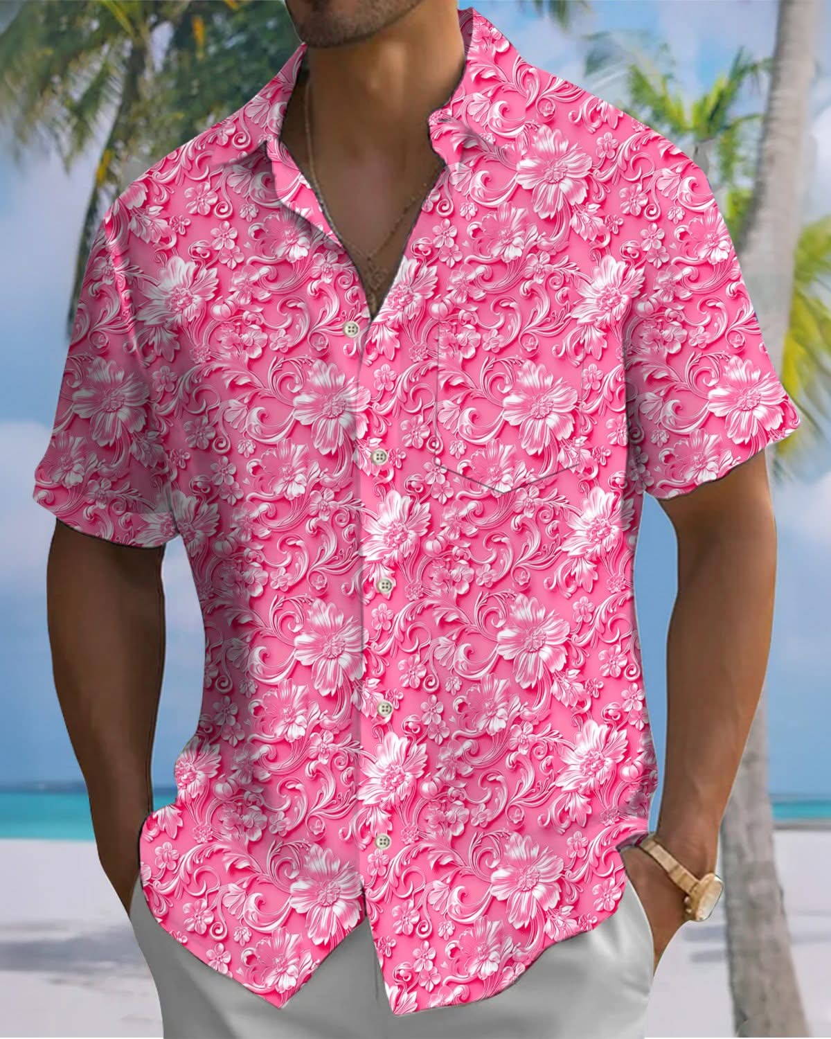 Alohadaddy® Vintage Baroque Court Pattern Art Print Art Pocket Button Stretch Men's Short Sleeve Shirt Big & Tall