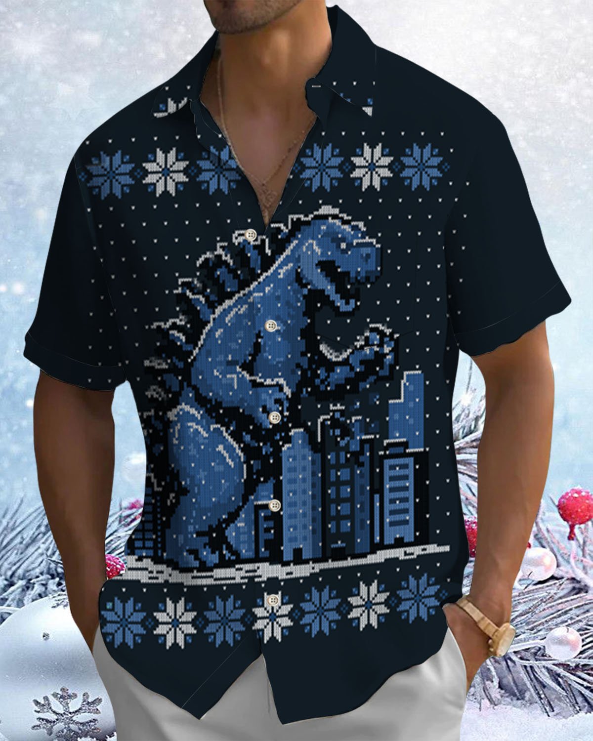 Alohadaddy® Holiday Christmas Monster Print Art Stretch Button Pocket Men's Short Sleeve Shirt Big & Tall