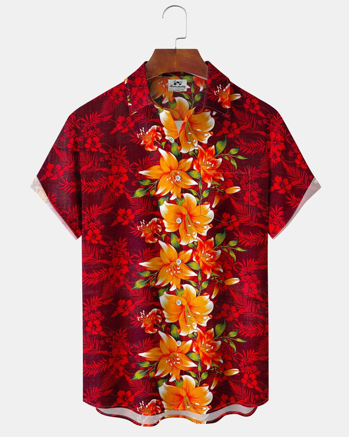Alohadaddy® Hawaiian Floral Beach Vacation Print Art Pocket Button Stretch Men&