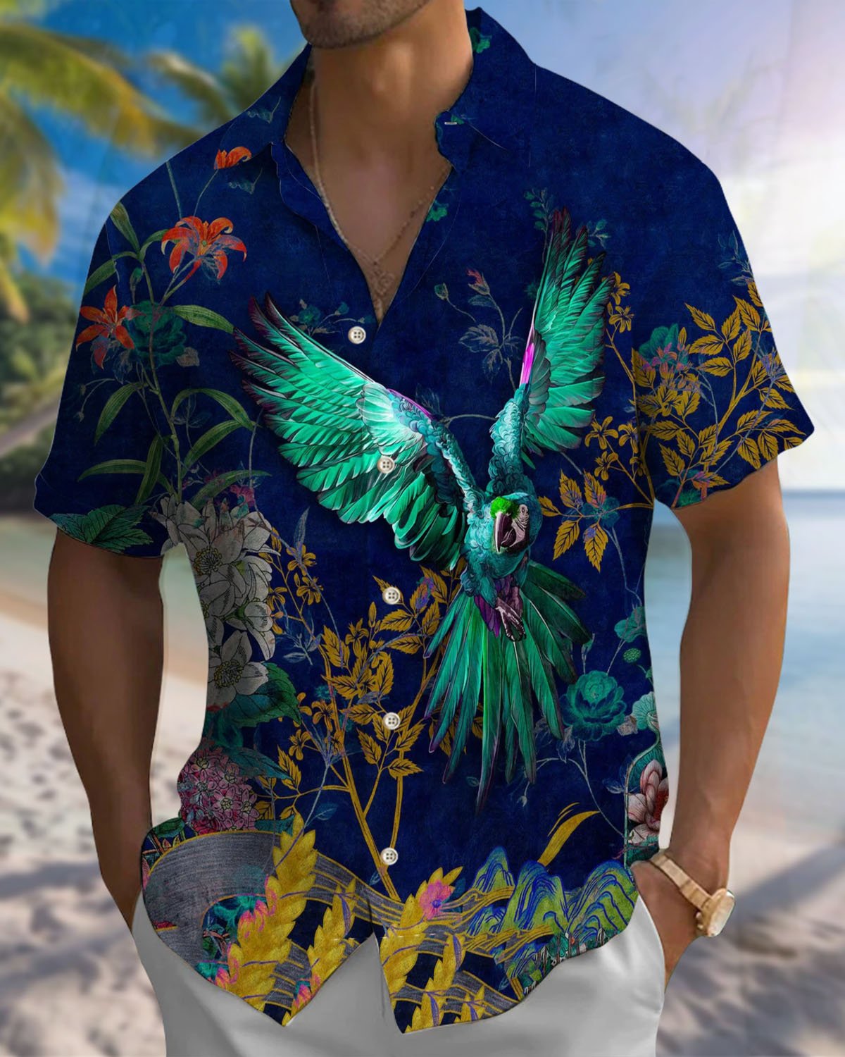 Alohadaddy® Retro Palace Style Parrot Print Art Button-Up Pocket Men's Short-Sleeved Shirt Big & Tall