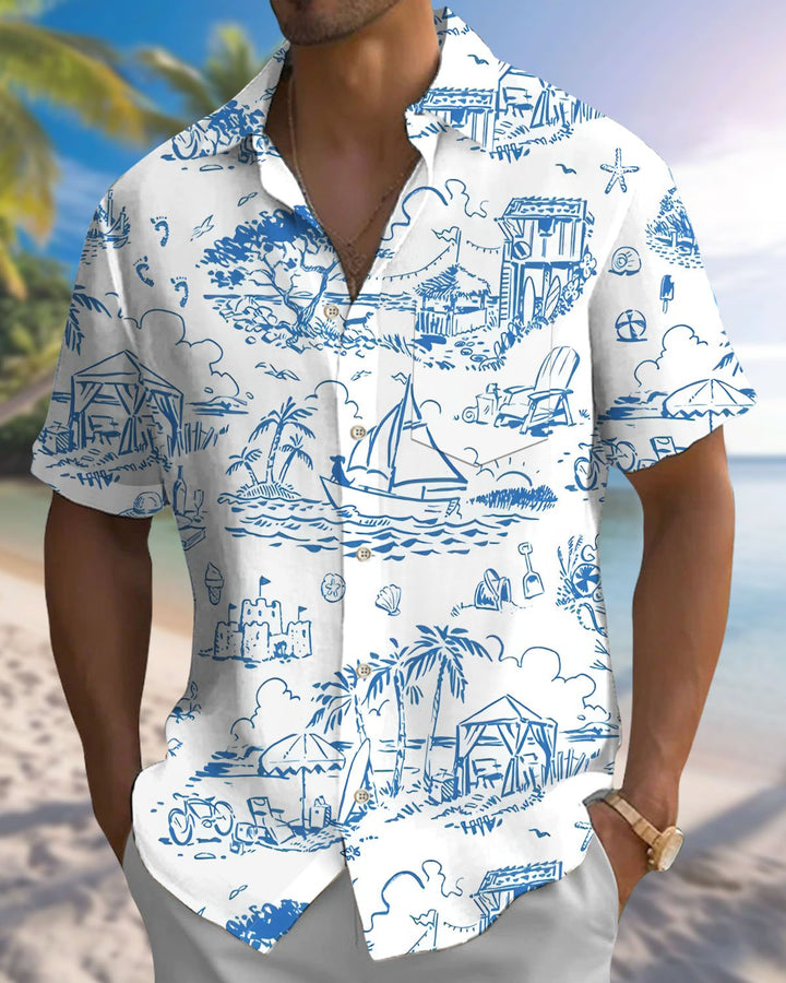 Alohadaddy® Casual Beach Vacation Print Art Button Pocket Cardigan Men&