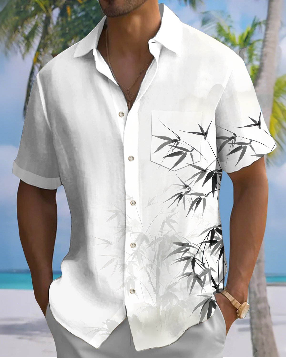 Alohadaddy® Casual Bamboo Botanical Print Artistic Button Pocket Cardigan Men's Short Sleeve Shirt Big & Tall