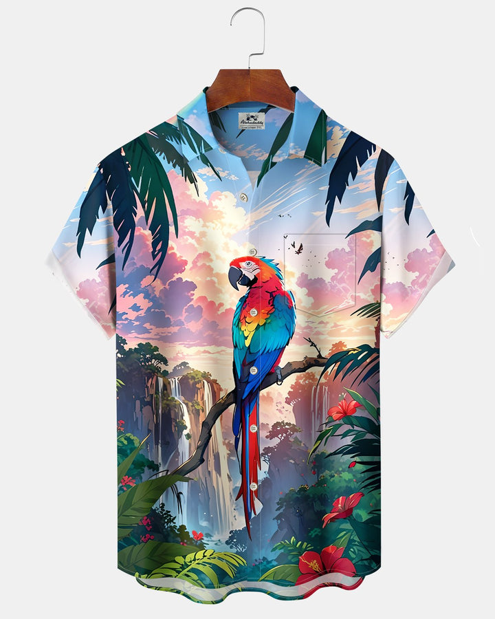 Alohadaddy® Hawaiian Parrot Print Art Button Pocket Cardigan Men&