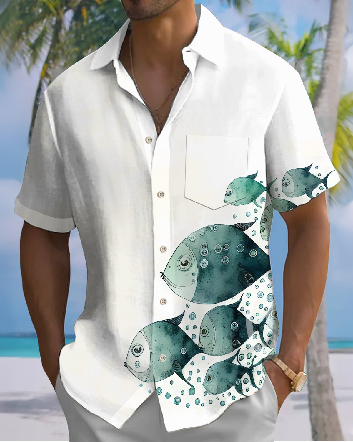 Alohadaddy® Hawaiian Fish Print Art Button Pocket Cardigan Men's Short Sleeve Shirt Big & Tall