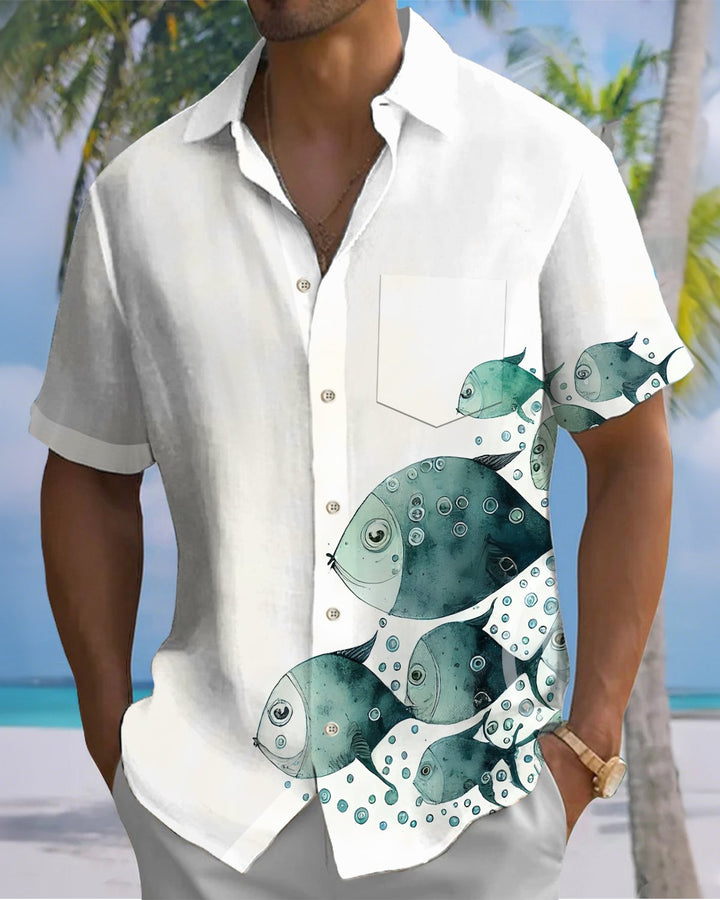 Alohadaddy® Hawaiian Fish Print Art Button Pocket Cardigan Men&