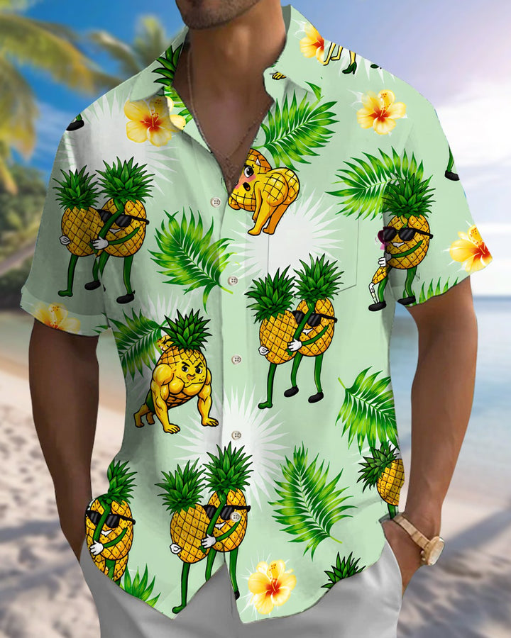 Alohadaddy® Hawaiian Pineapple Print Art Button Pocket Cardigan Men&