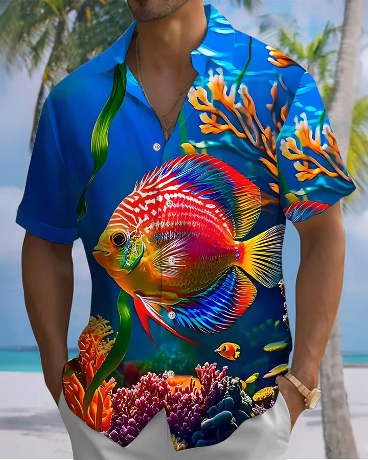 Alohadaddy® Hawaiian Fish Print Art Button Pocket Cardigan Men&
