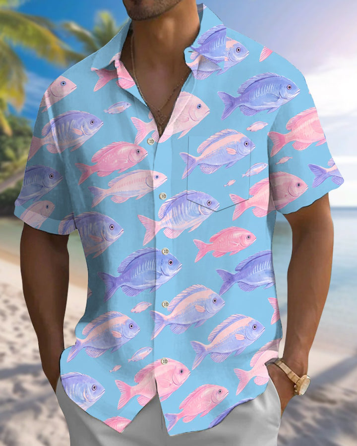 Alohadaddy® Hawaiian Fish Print Art Button Pocket Cardigan Men&