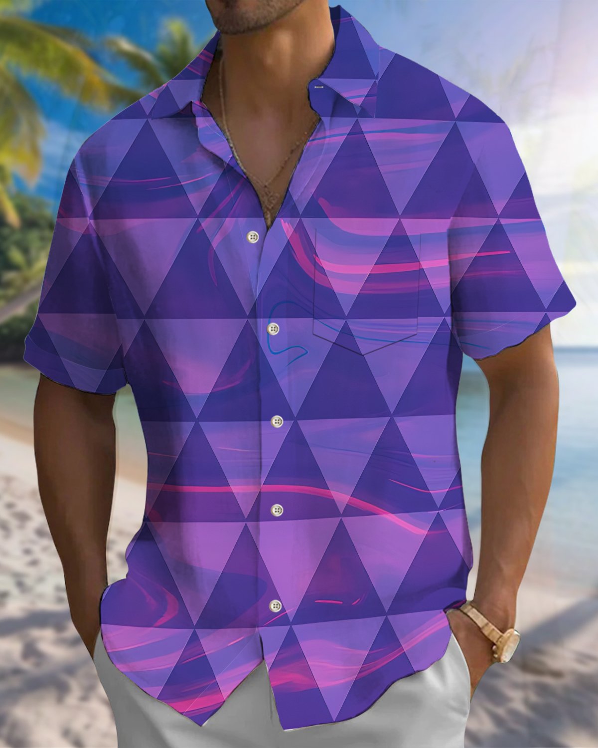 Alohadaddy® Men's Short-Sleeve Casual Cardigan Shirt  Geometric Art Print, Button-Front with Pocket
